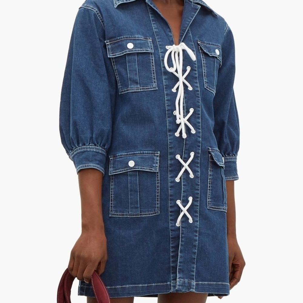 SOLID & STRIPED Lace-Up Denim Mini Shirt Dress Blue - Small